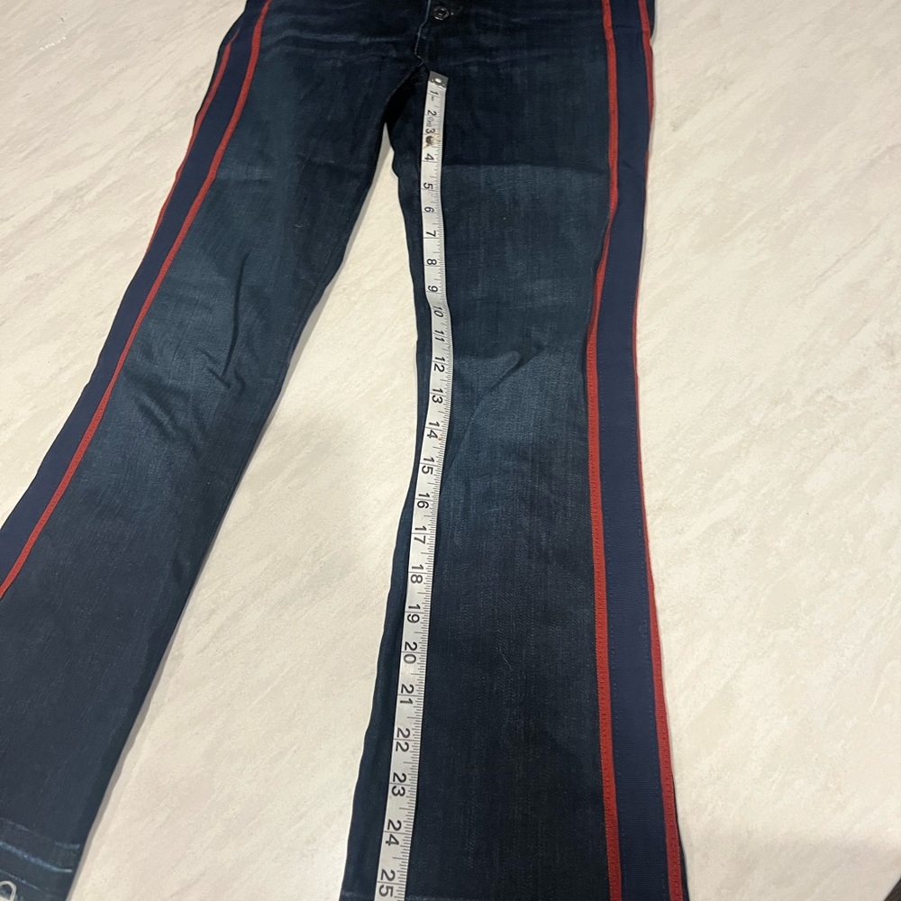 Veronica Beard Dark Blue Cropped Jeans with Red Side Stripes, hem is a raw edge - Picture 8 of 12